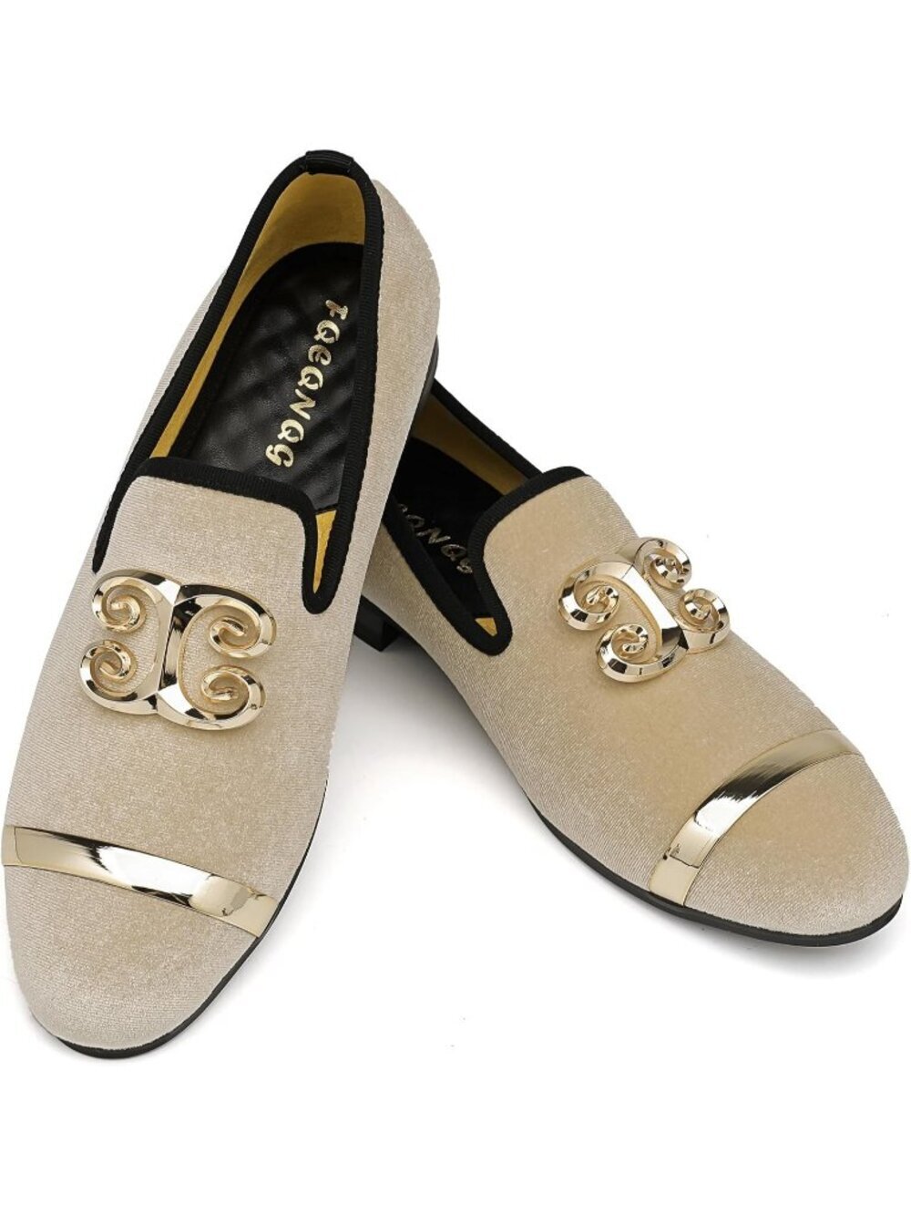 FQEQNQG Men's Beige Velvet Loafers Gold Ornate Buckle Penny Slip On Casual Shoes